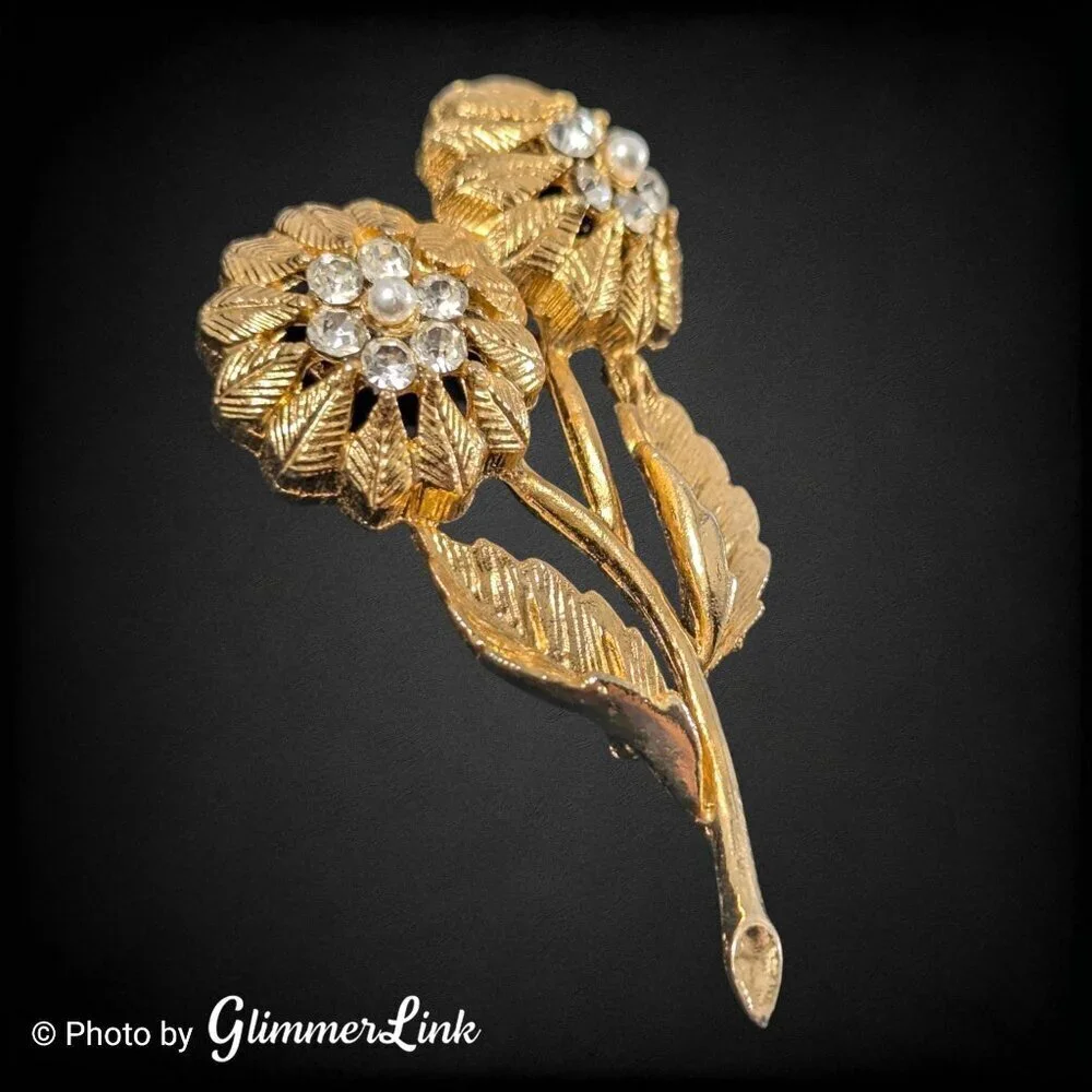 Vintage Gold Tone Double Flower Brooch with Rhinestones and Faux Pearls